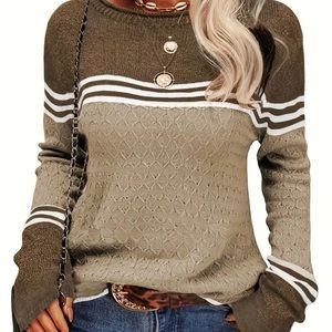 Women’s brown and beige long sleeve stripe color block top